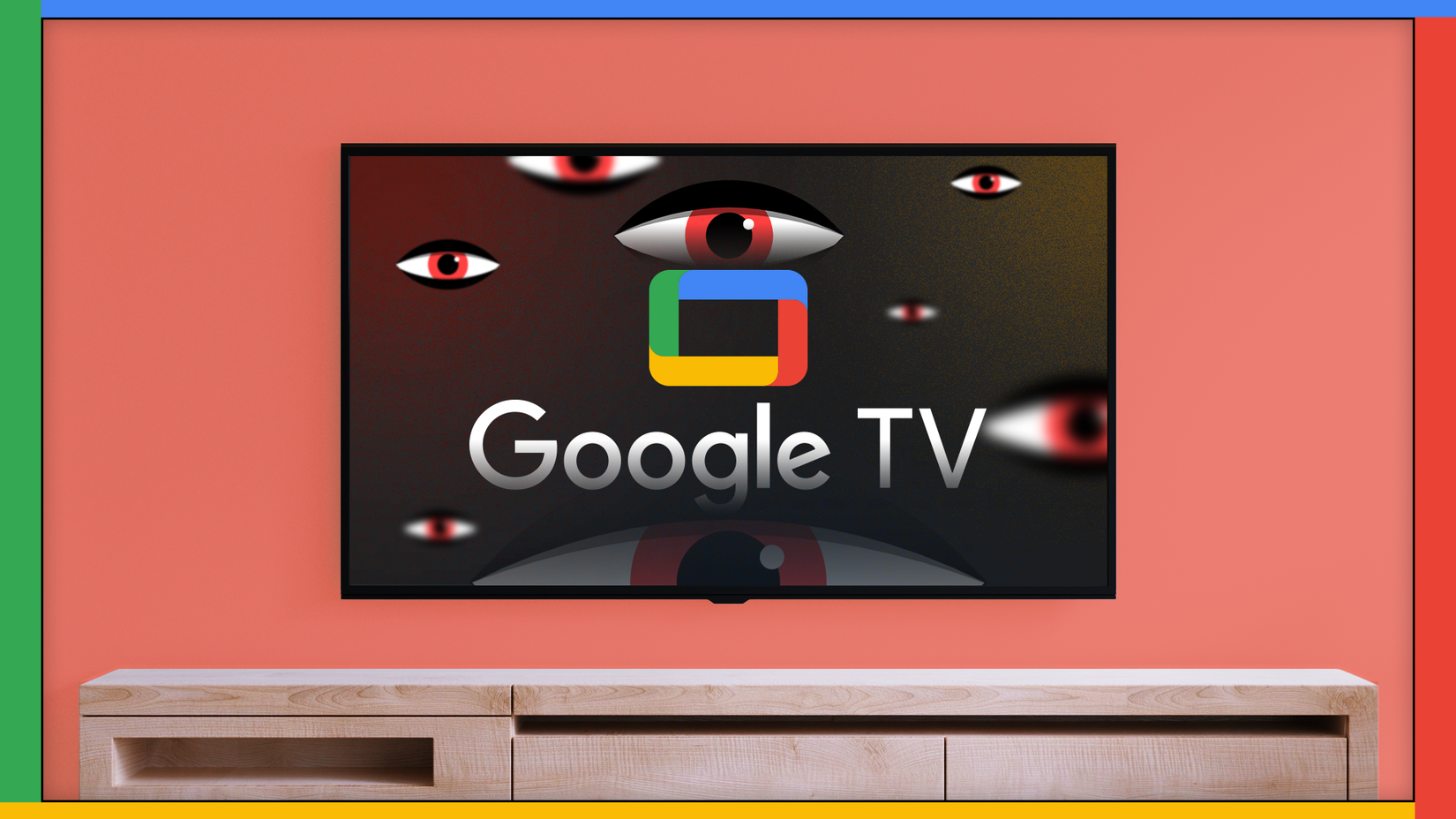 TV screen showing the Google TV logo with multiple illustrated eyes around it.