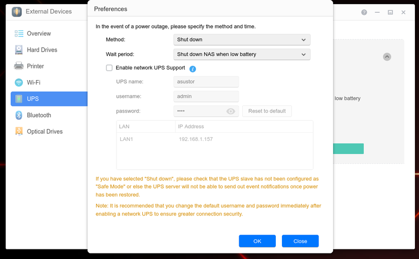 UPS preferences on an Asustor NAS web interface.