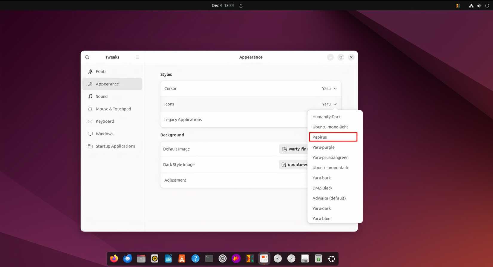 Usando ajustes do Gnome para usar ícones de papiro
