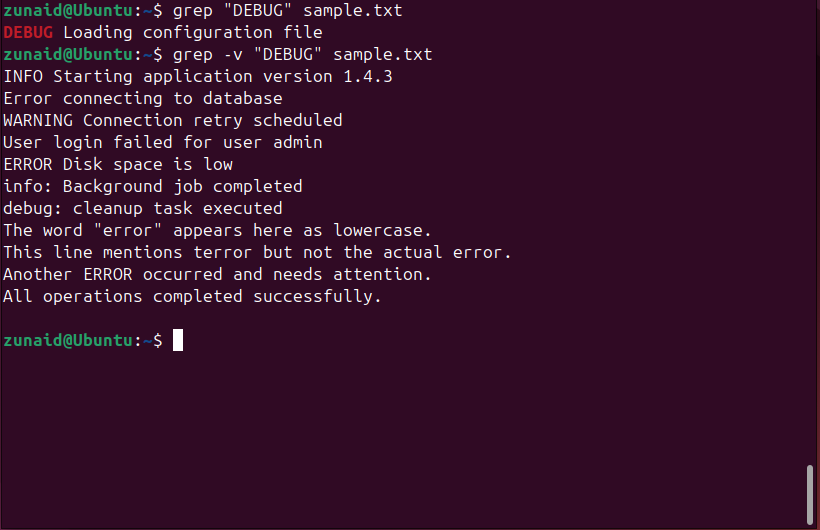 Usando o sinalizador -v do grep para pesquisar linhas que não correspondem ao padrão fornecido.