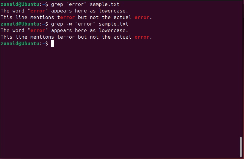 Usando o sinalizador -w do grep para pesquisar palavras inteiras em vez de um padrão.