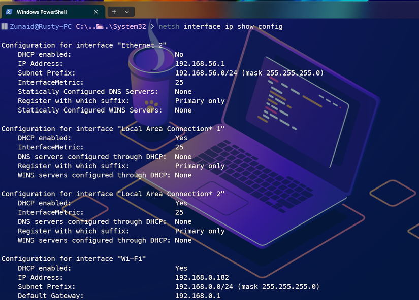 Usando a ferramenta netsh para exibir as configurações de rede.