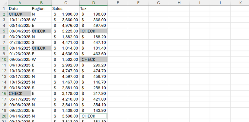 Various non-contiguous cells in an Excel sheet contain the word CHECK.