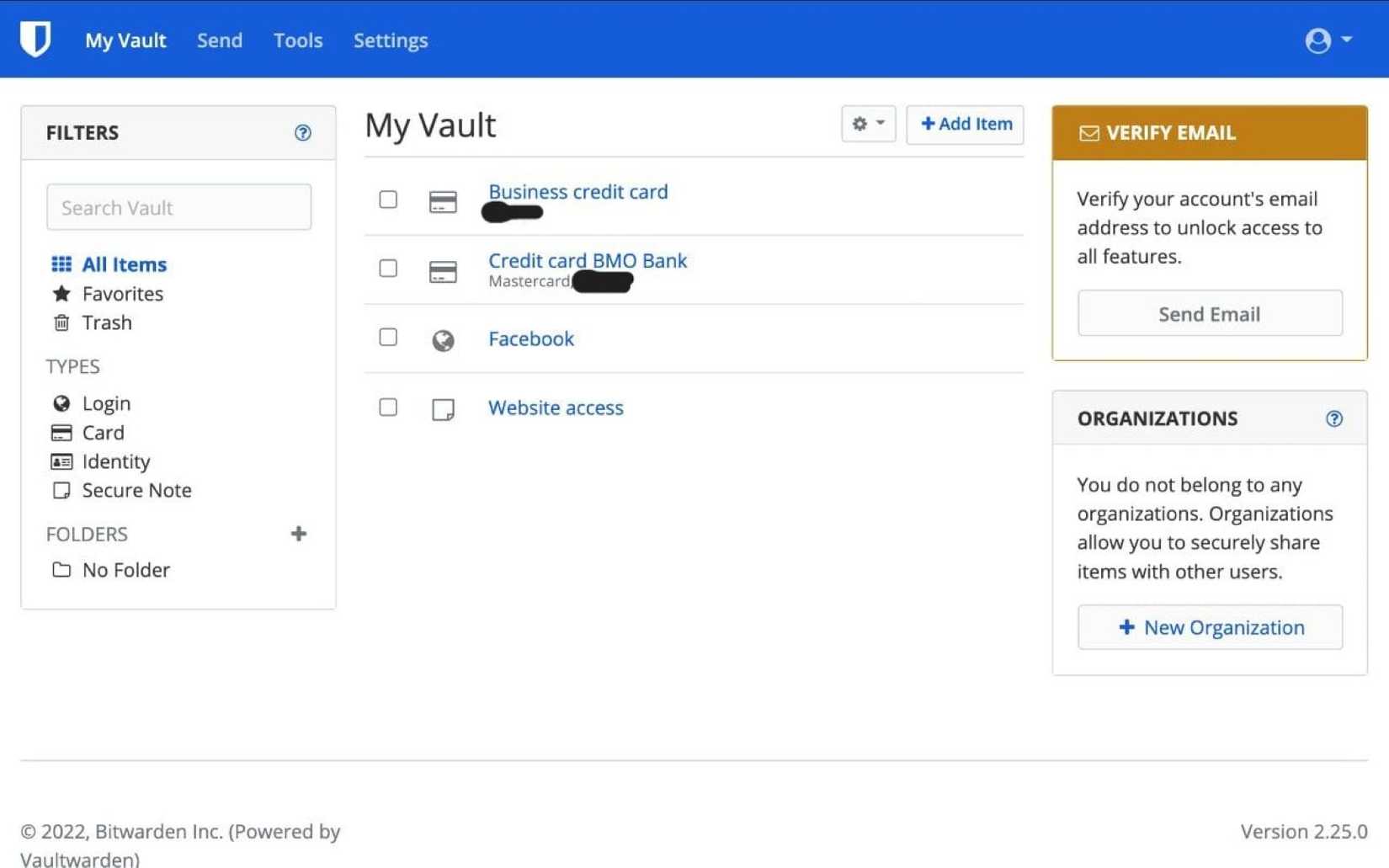 Una captura de pantalla del software Vaultwarden.
