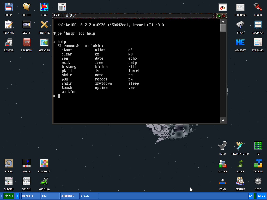 Different KolibriOS shell commands.