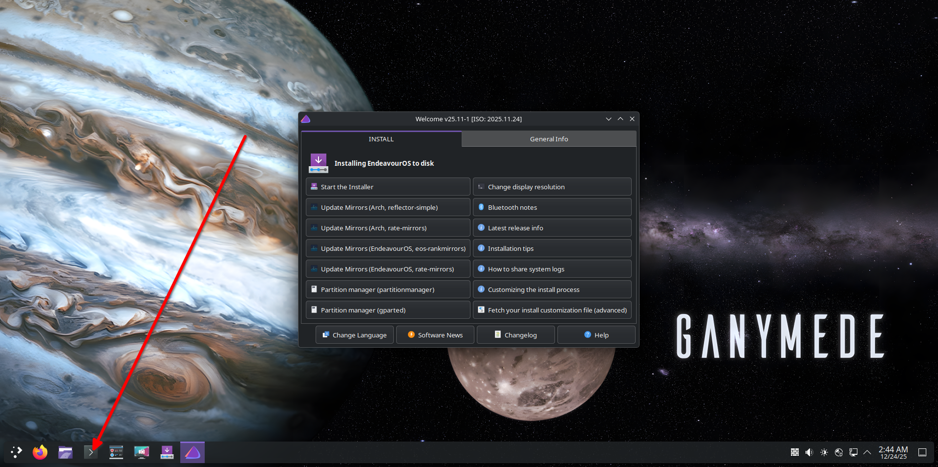 Opening a terminal in the live Linux environment.