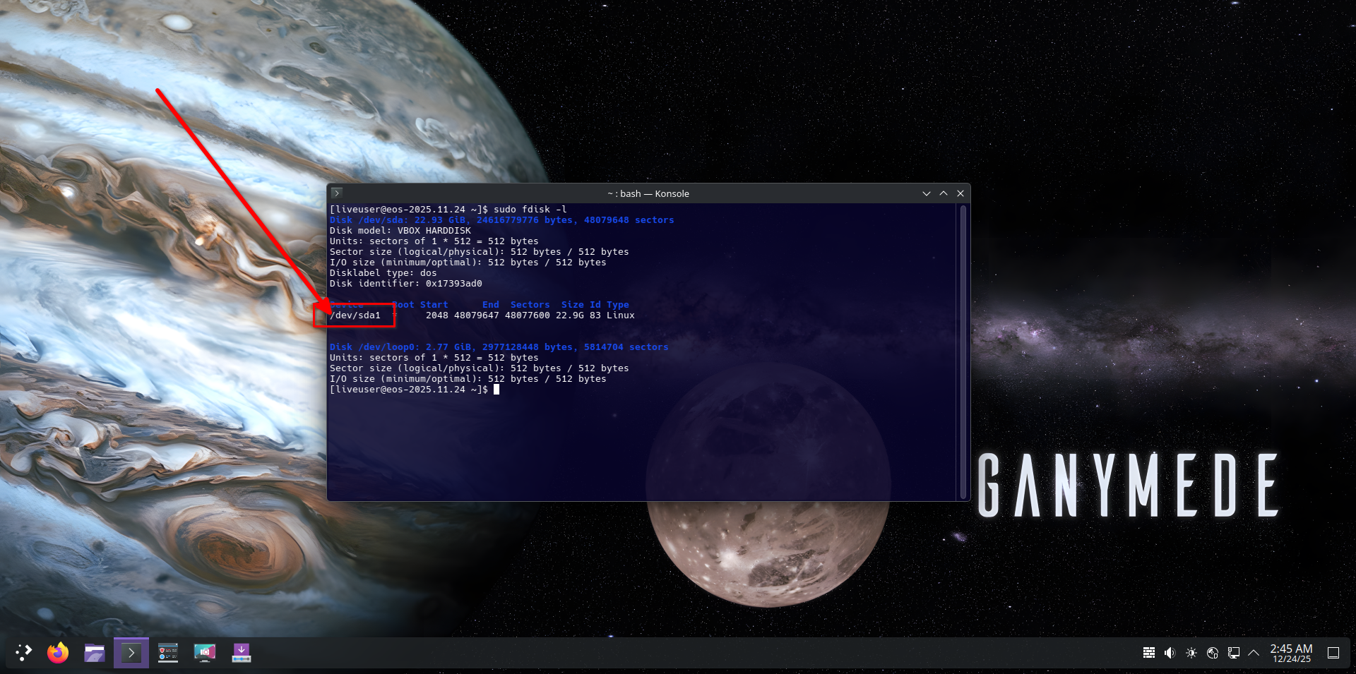 Printing partition details inside the Linux terminal.