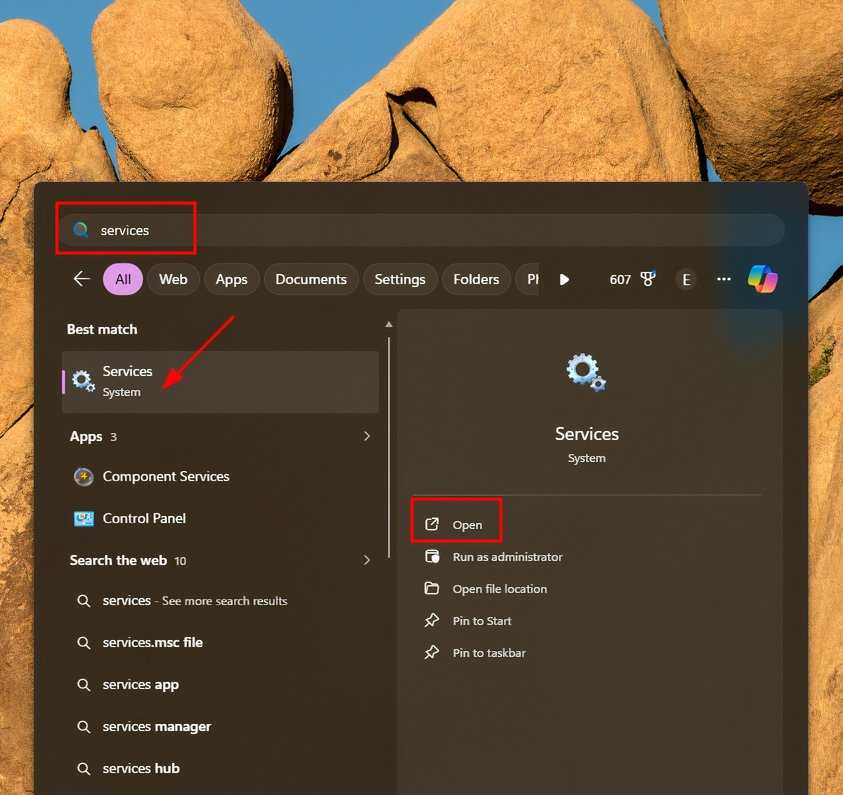 Windows 11 start menu search for services. msc