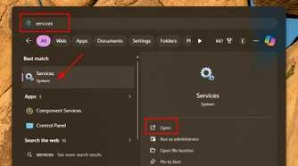 Windows 11 start menu search for services. msc