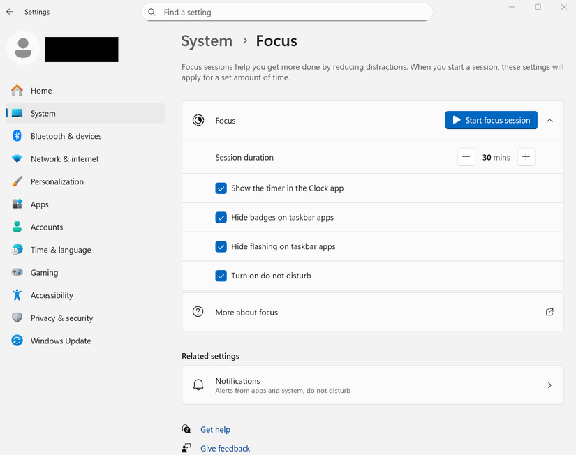 Uma captura de tela do Windows 11 aberta nas configurações de foco do sistema.