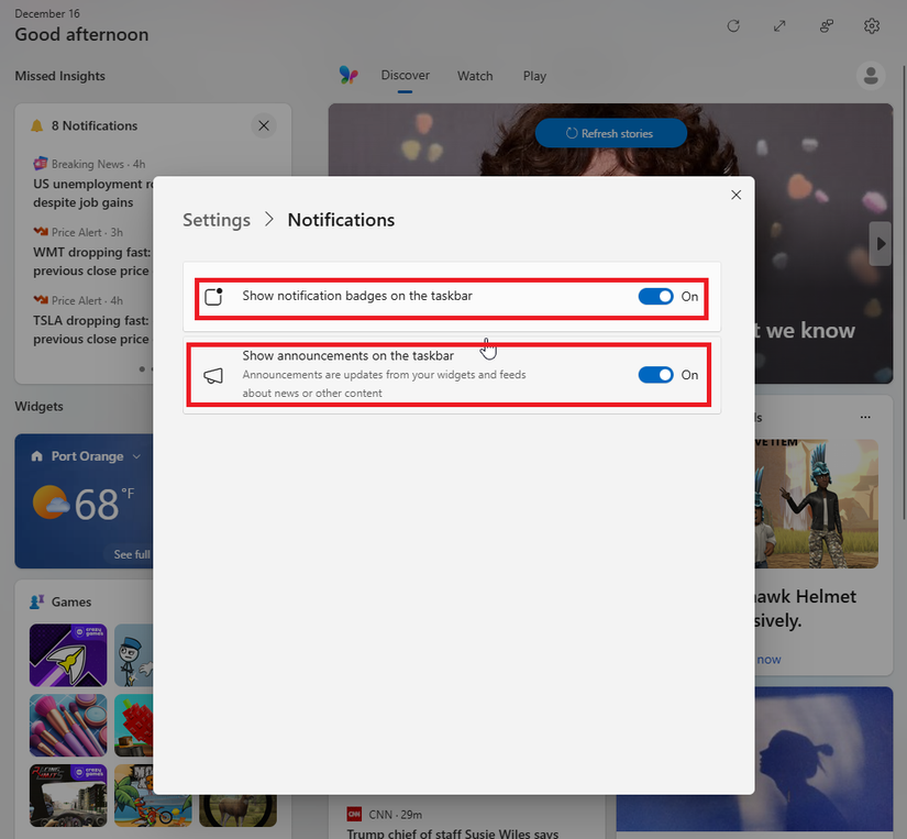 Uma captura de tela do Painel do Windows aberta em suas configurações. Certas alternâncias são destacadas em vermelho.