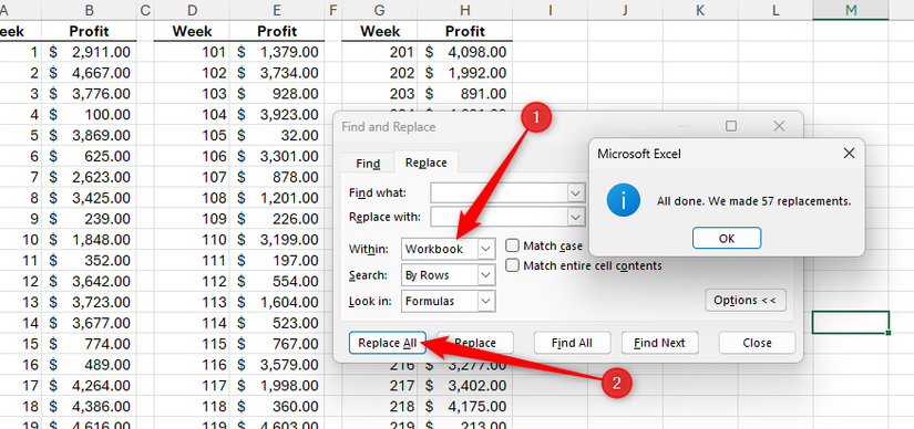 In Excel's Find and Replace dialog box, the workbook is selected and a total of 57 replacements are made.