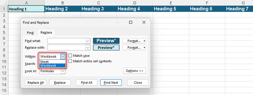 The workbook is selected from the Inside drop-down menu in Excel's Find and Replace dialog box.