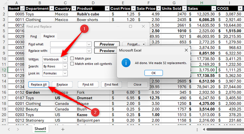 In the Inside drop-down menu of Microsoft Excel's Find and Replace dialog box, Workbook is selected and the Replace All option is highlighted.