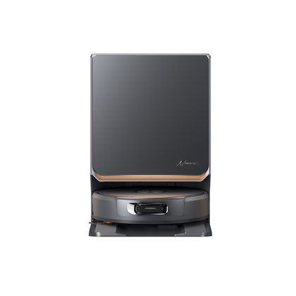 Narwal Flow 2 robot vacuum in its charging dock on a white background.
