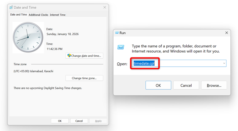Запуск классического окна даты и времени через 'Выполнить'.