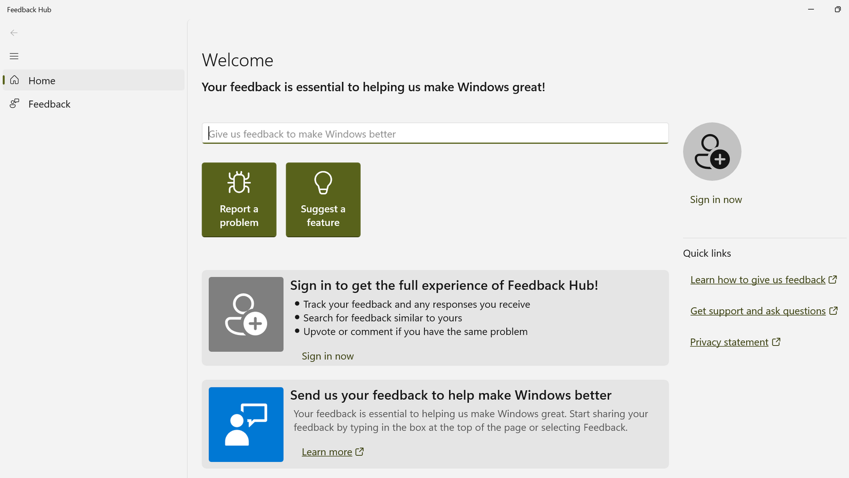 The Feedback Hub application home page has opened on Windows.