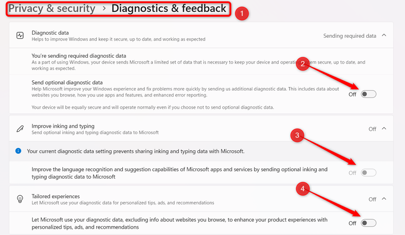 Ajustando as configurações de diagnóstico e feedback no aplicativo Configurações no Windows.