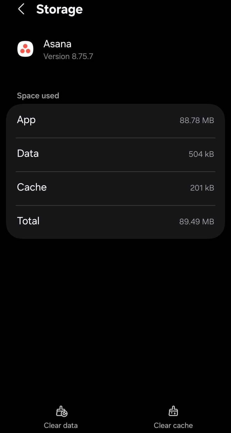 Очистка кэша и данных приложения Asana на Android.