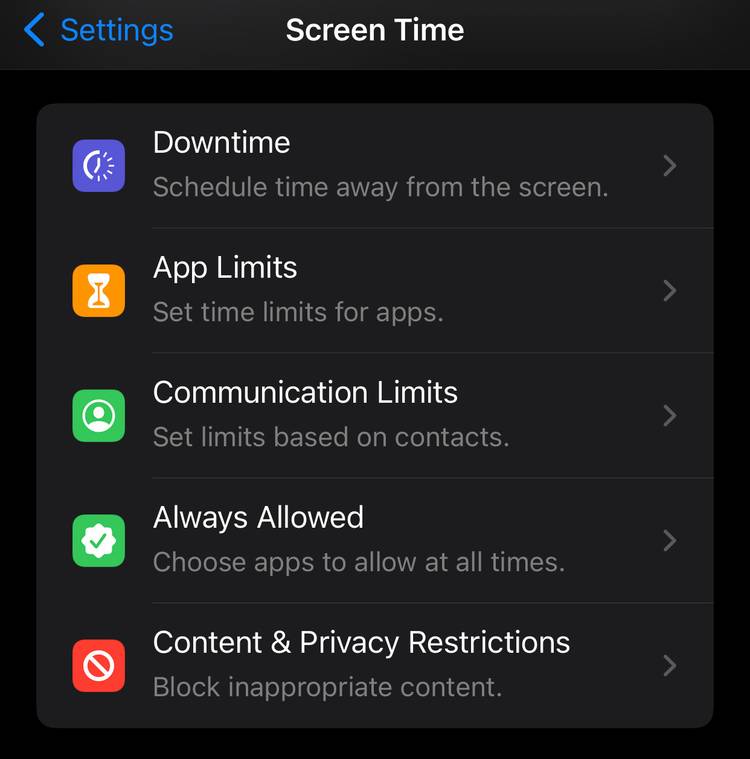 Tweaking the Screen Time settings in iPhone.