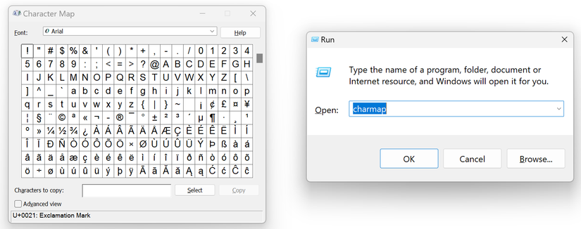 Открытие Таблицы символов через команду 'Выполнить'.
