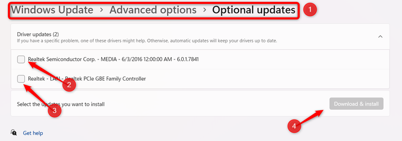 Instalando atualizações opcionais no aplicativo Configurações no Windows.