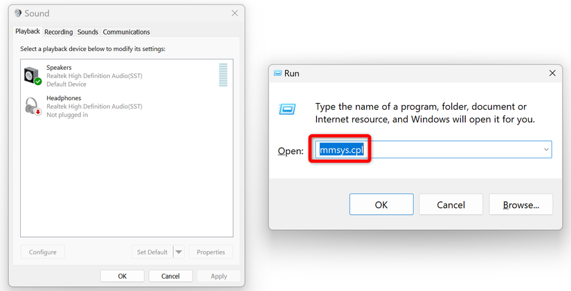 Окно свойств звука, открытое через 'Выполнить'.
