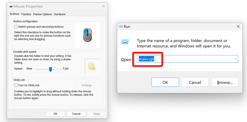 Окно параметров мыши, вызванное через 'Выполнить'.