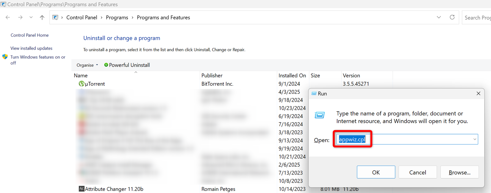 Запуск окна программ и компонентов в Windows через 'Выполнить'.