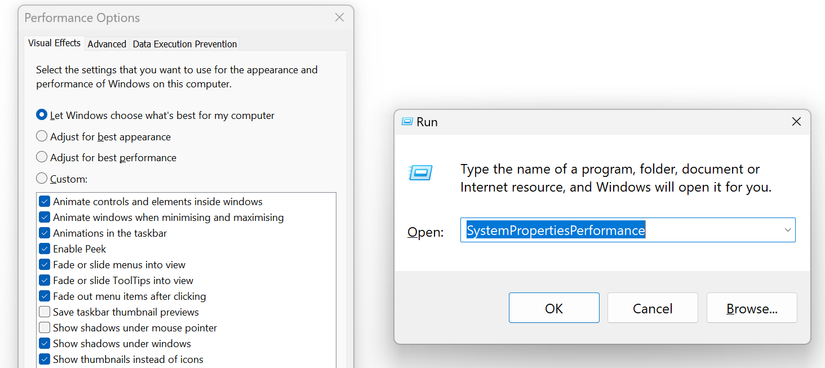 Параметры быстродействия Windows, открытые через 'Выполнить'.
