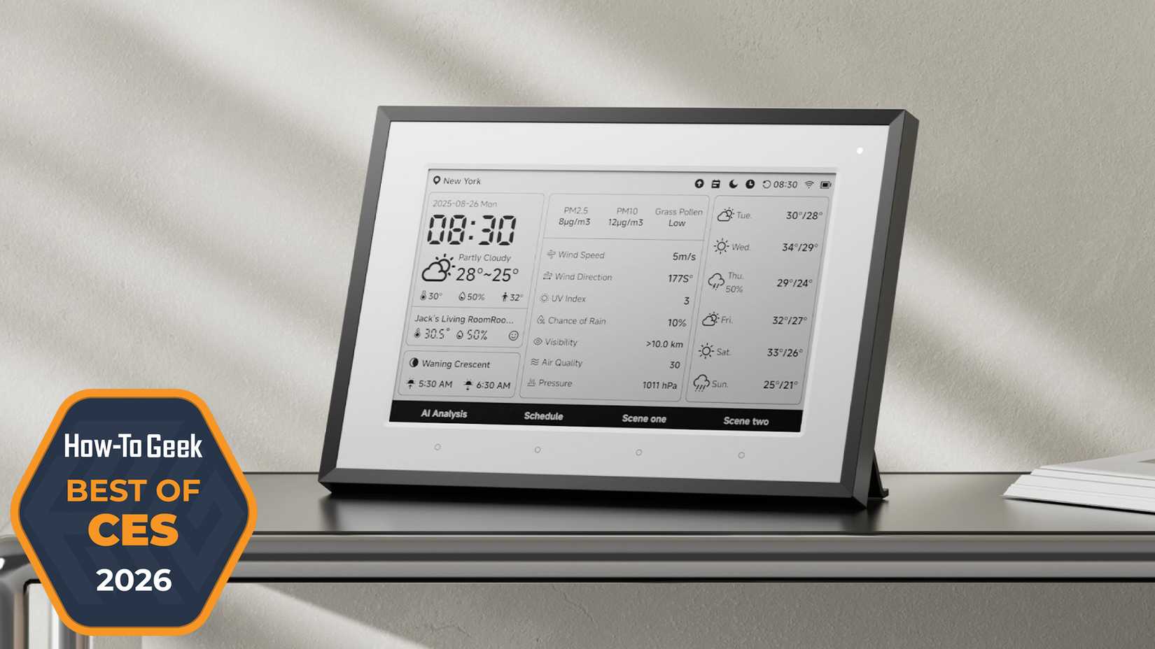 The Switchbot Weather Station sitting on a table.