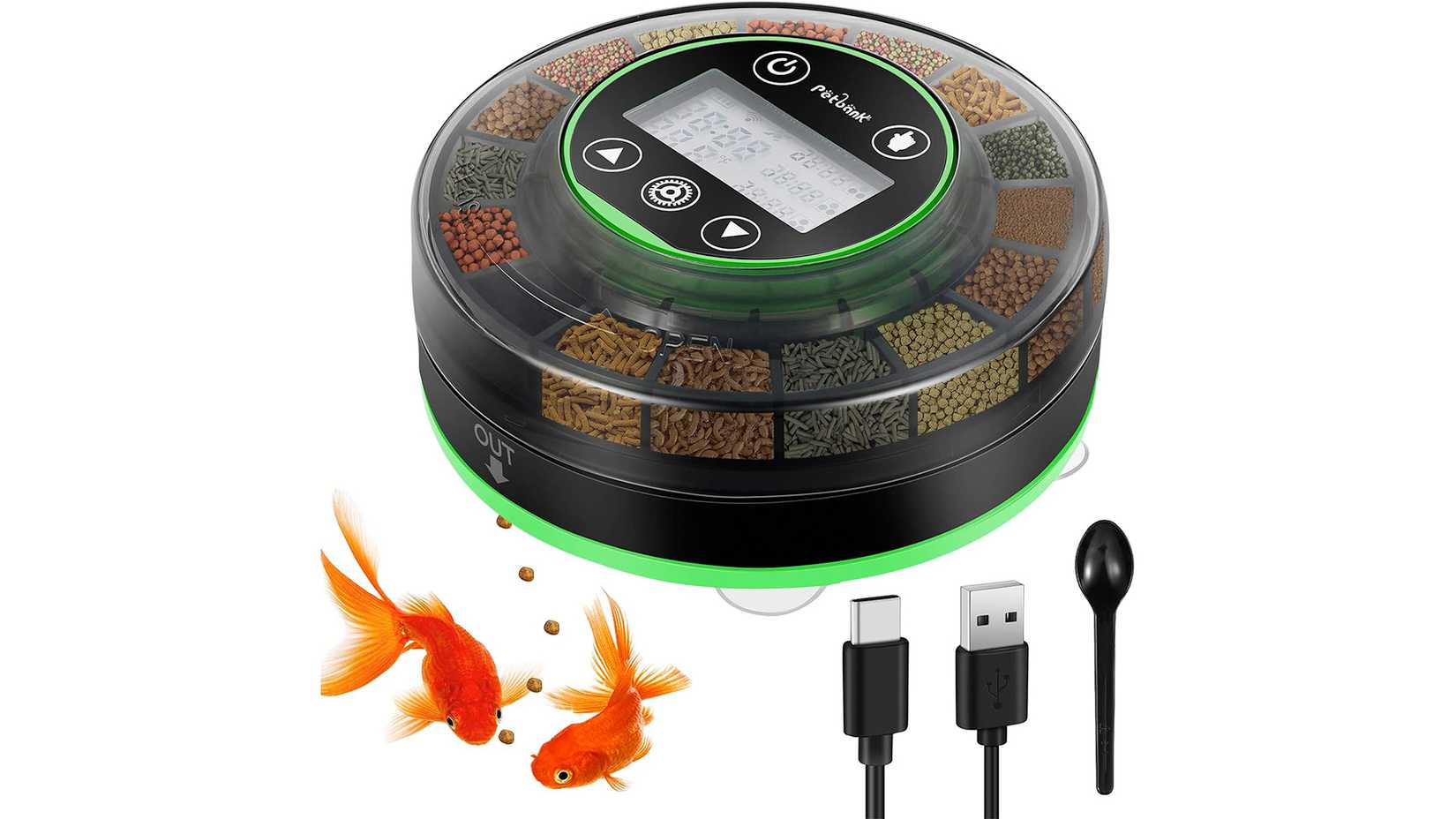 Illustration of the Petbank automatic fish feeder.