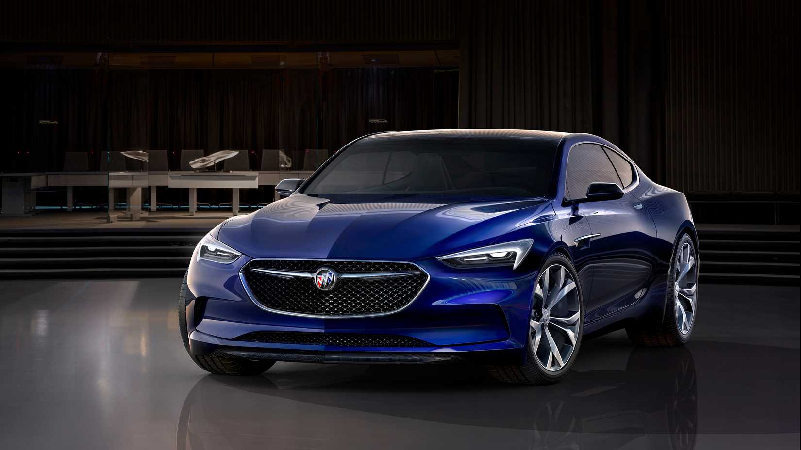 Bright blue 2016 Buick Avista Concept shown from the front end.