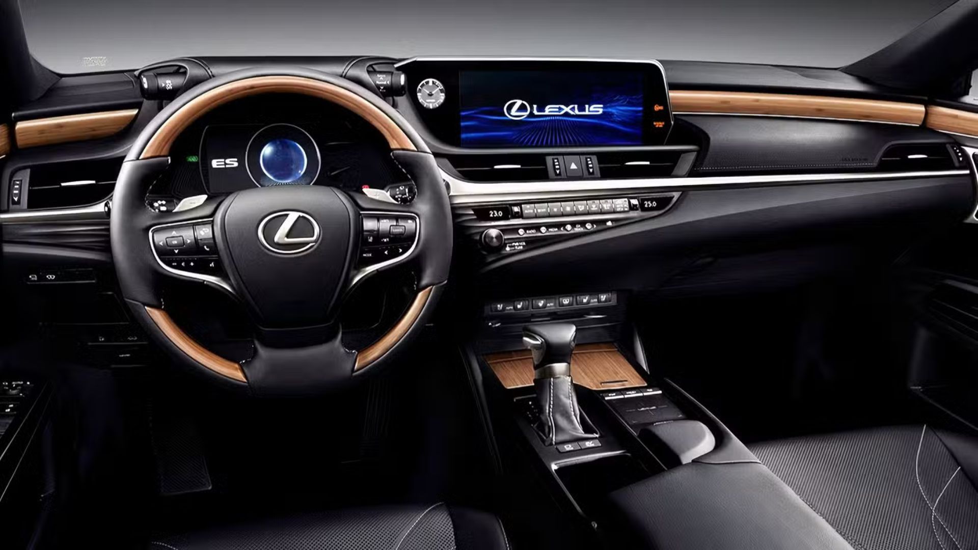 Shot inside the cabin of a 2019 Lexus ES showing the dashboard and interior.