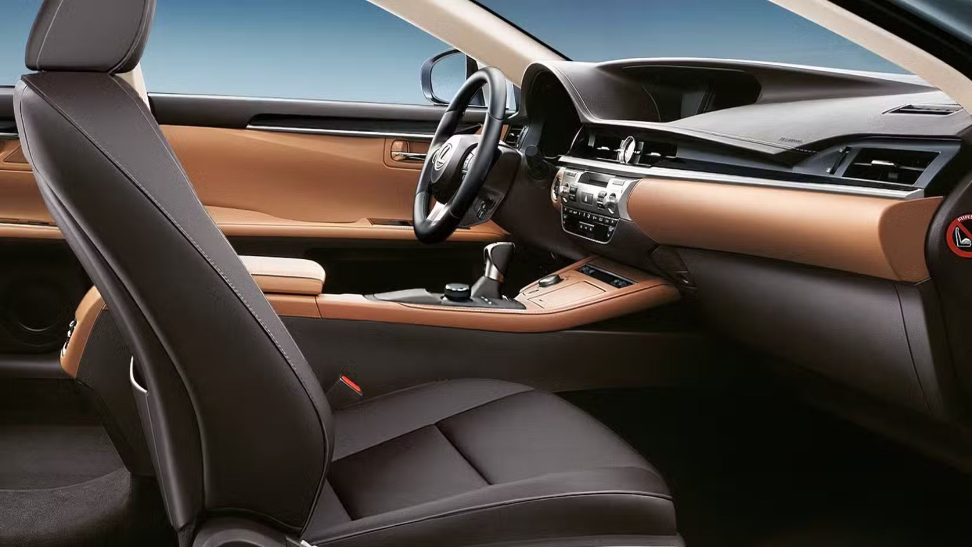 Shot inside the cabin of a 2019 Lexus ES showing the interior and dashboard.