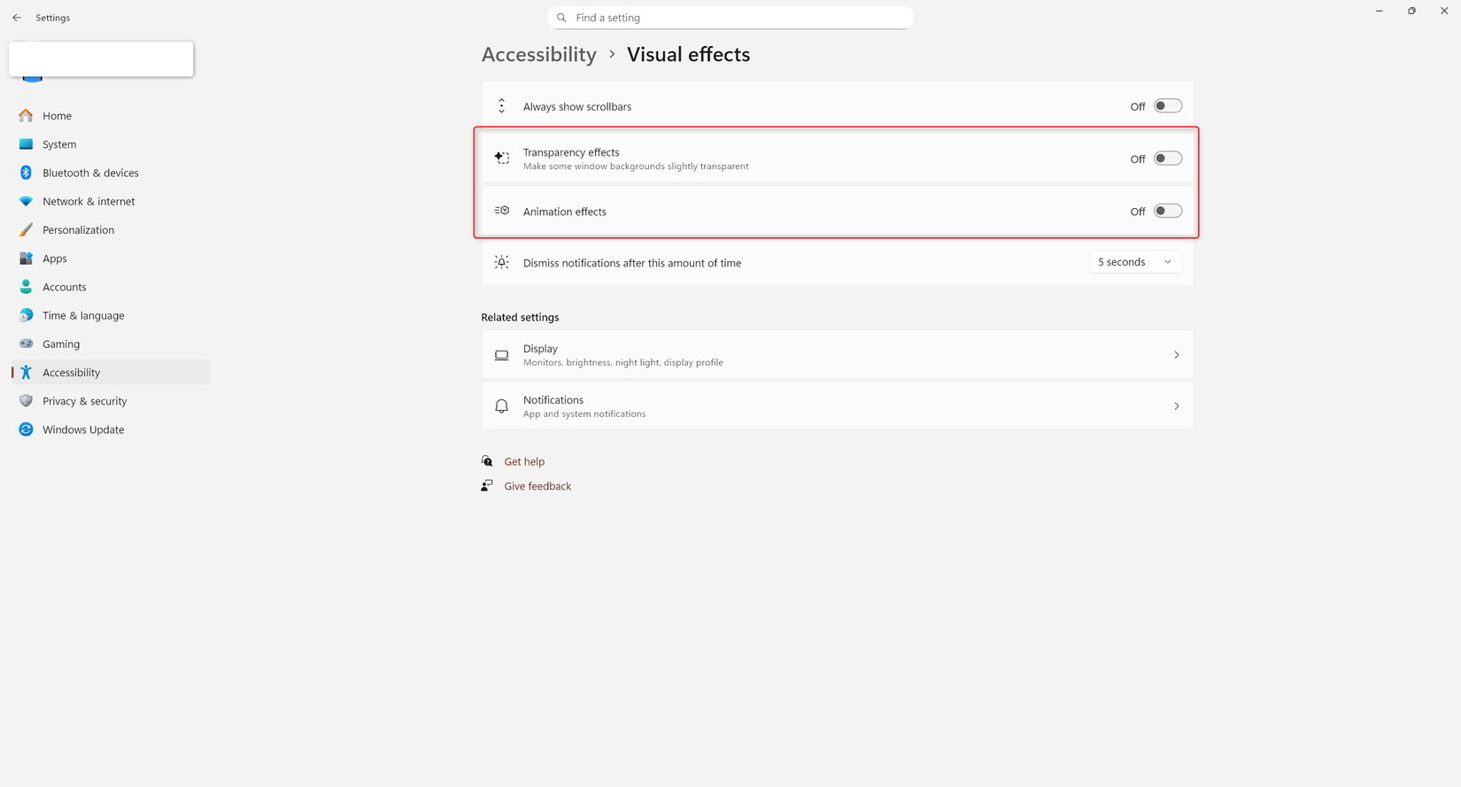 Configurações de efeitos visuais do Windows.