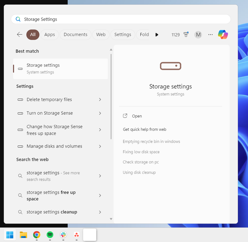 Opção Configurações de armazenamento no Windows Start.