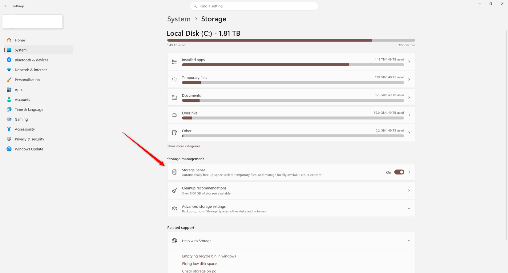 Storage settings in Windows 11.