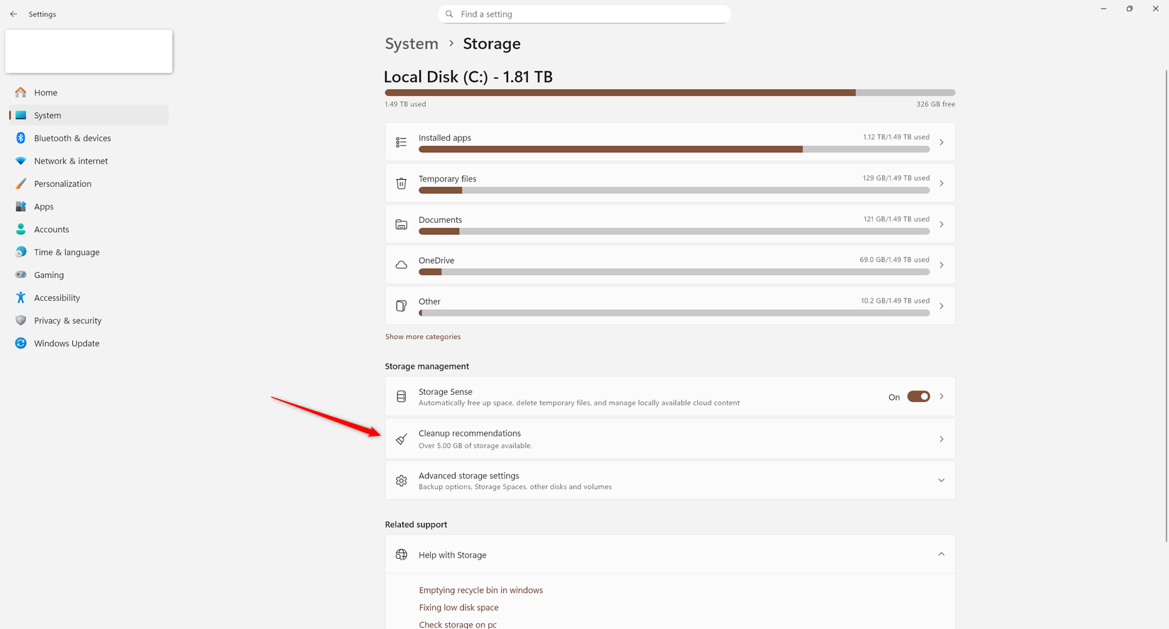 The Storage settings in Windows 11.