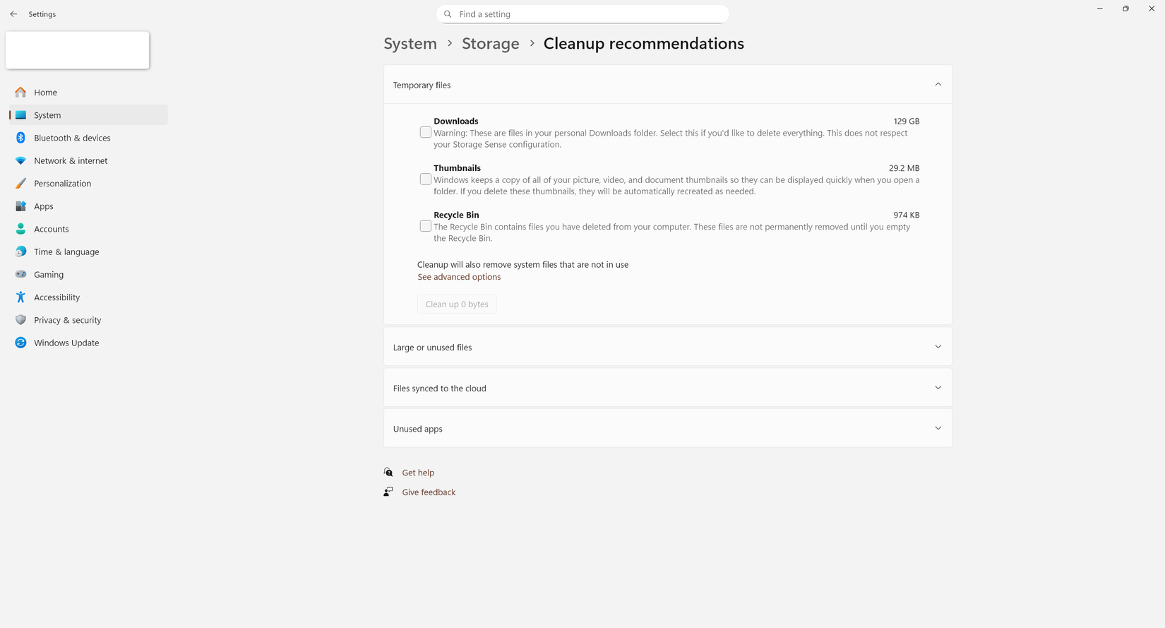 The Cleanup Recommendations tool in Windows 11.