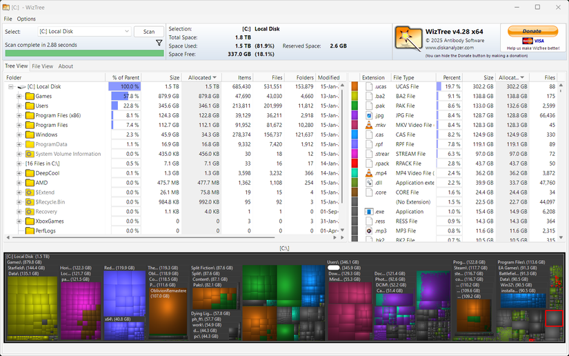 Uma instância do WizTree em execução em um computador.