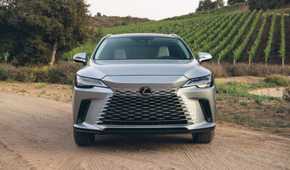 Static front-end shot of a silver 2026 Lexus RX 350h.