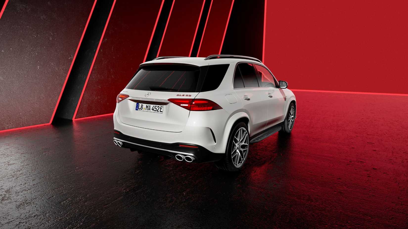 Static rear 3/4 shot of a white Mercedes-AMG GLE 53.