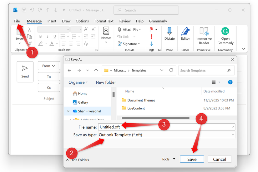 Saving an email as a template in Outlook.