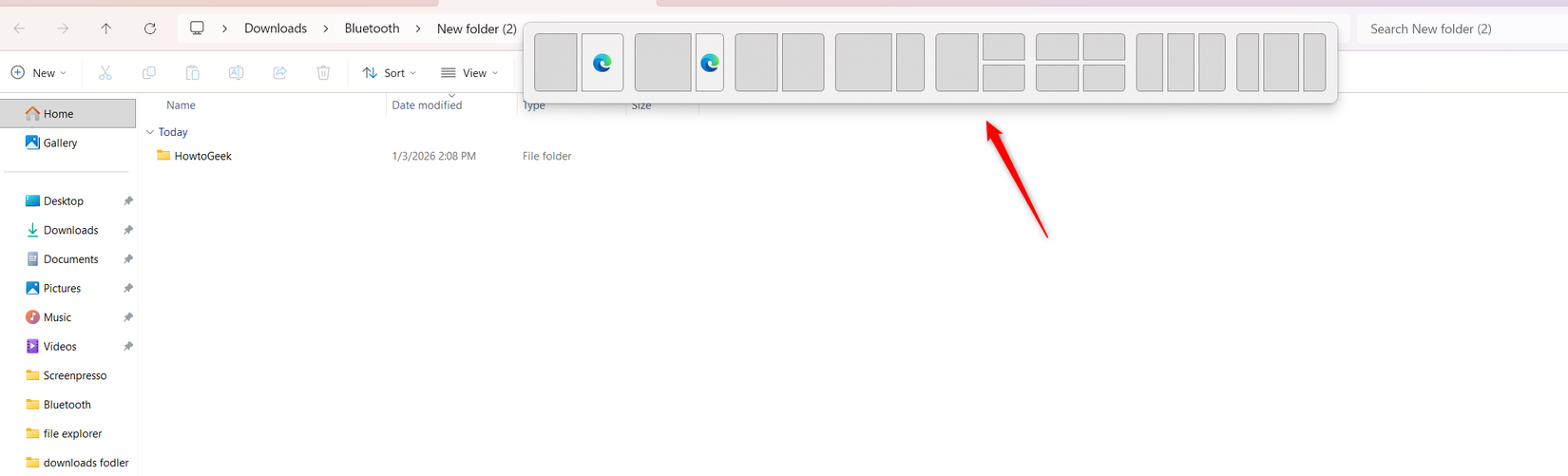 Usando o recurso Snap Layouts no File Explorer.