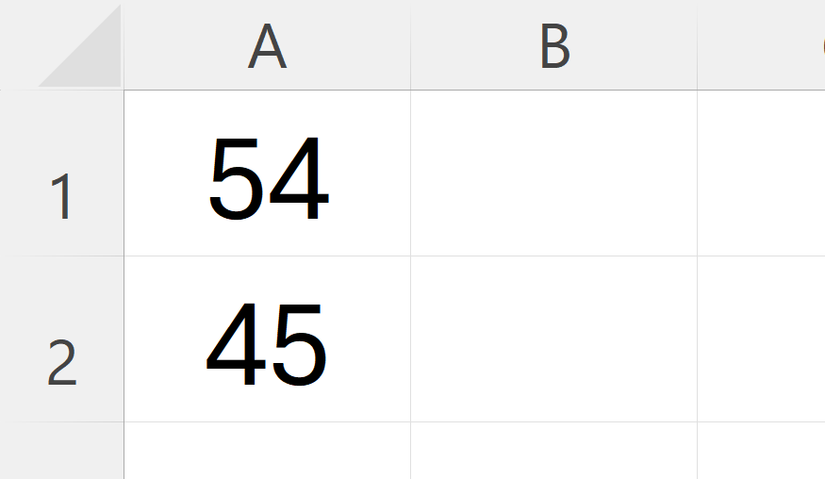 Hình ảnh 2: Số 54 được nhập vào ô A1 của trang tính Excel và 45 được nhập vào ô A2.