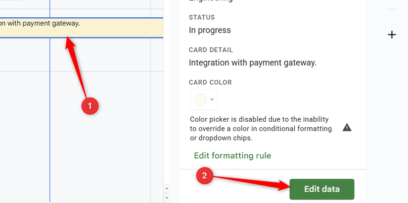 A card in Google Sheets' timeline view is selected, and Edit Data is highlighted in the Card Details sidebar.