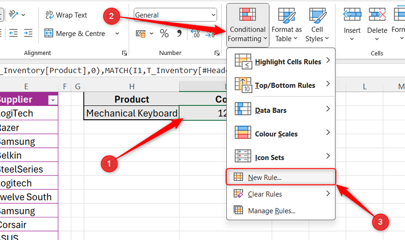 Hình 16: Ô chứa số thường (lẽ ra là tiền tệ) được chọn, và New Rule trong Conditional Formatting được làm nổi bật.