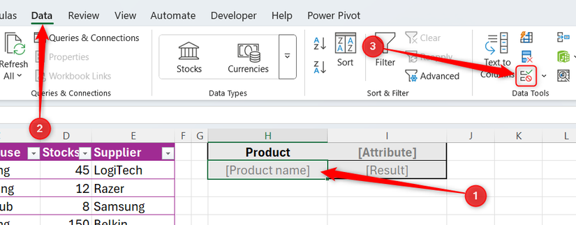Hình 6: Ô chứa chỗ dành sẵn 'Product name' được chọn, và Xác thực Dữ liệu trong tab Data được làm nổi bật.