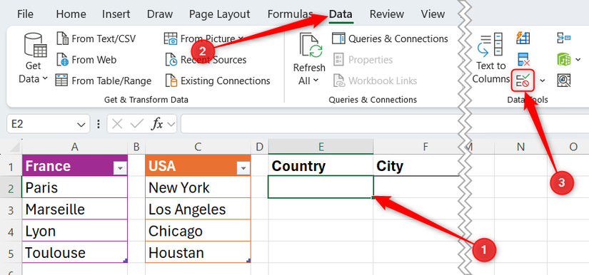 Une cellule dans Excel intitulée « Pays » est sélectionnée et le bouton Validation des données dans l'onglet Données est mis en surbrillance.